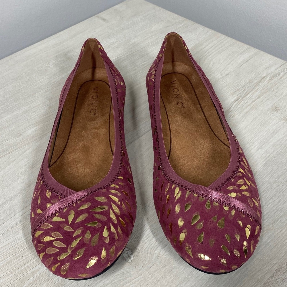Vionic Caroll Ballet Flats Berry Pink Gold Foil Suede Orthotic Shoes Womens 9